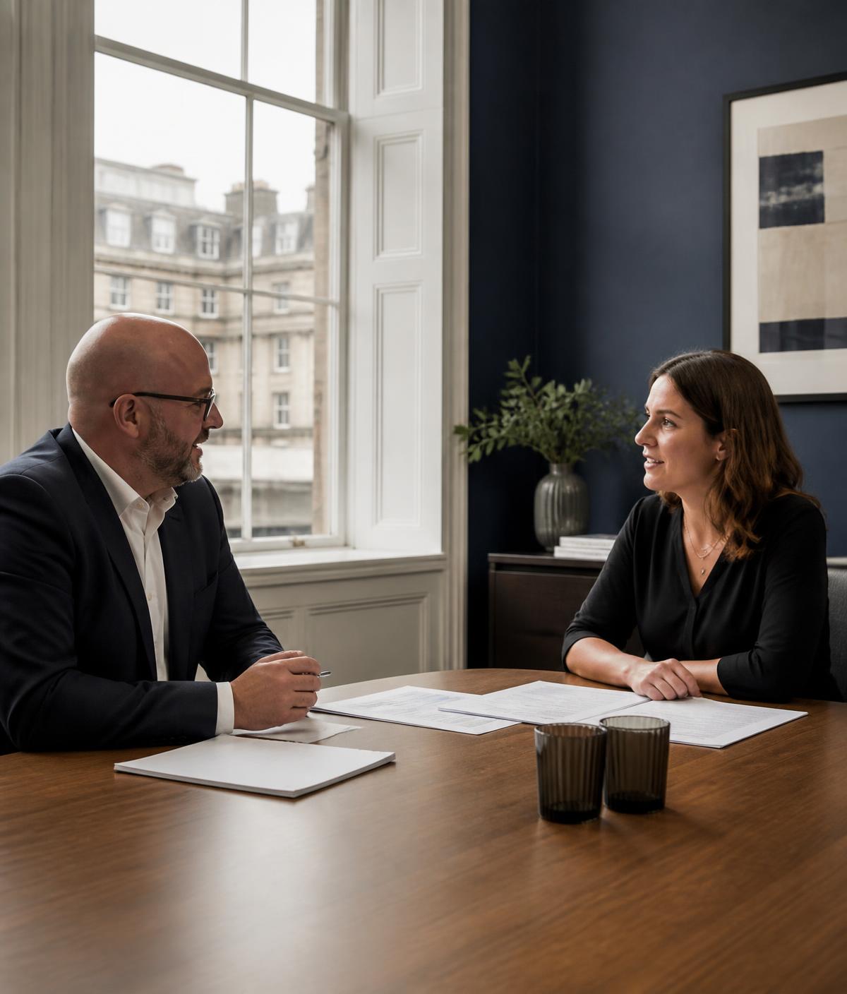 Two advisers in conversation in a Glasgow city-centre meeting room