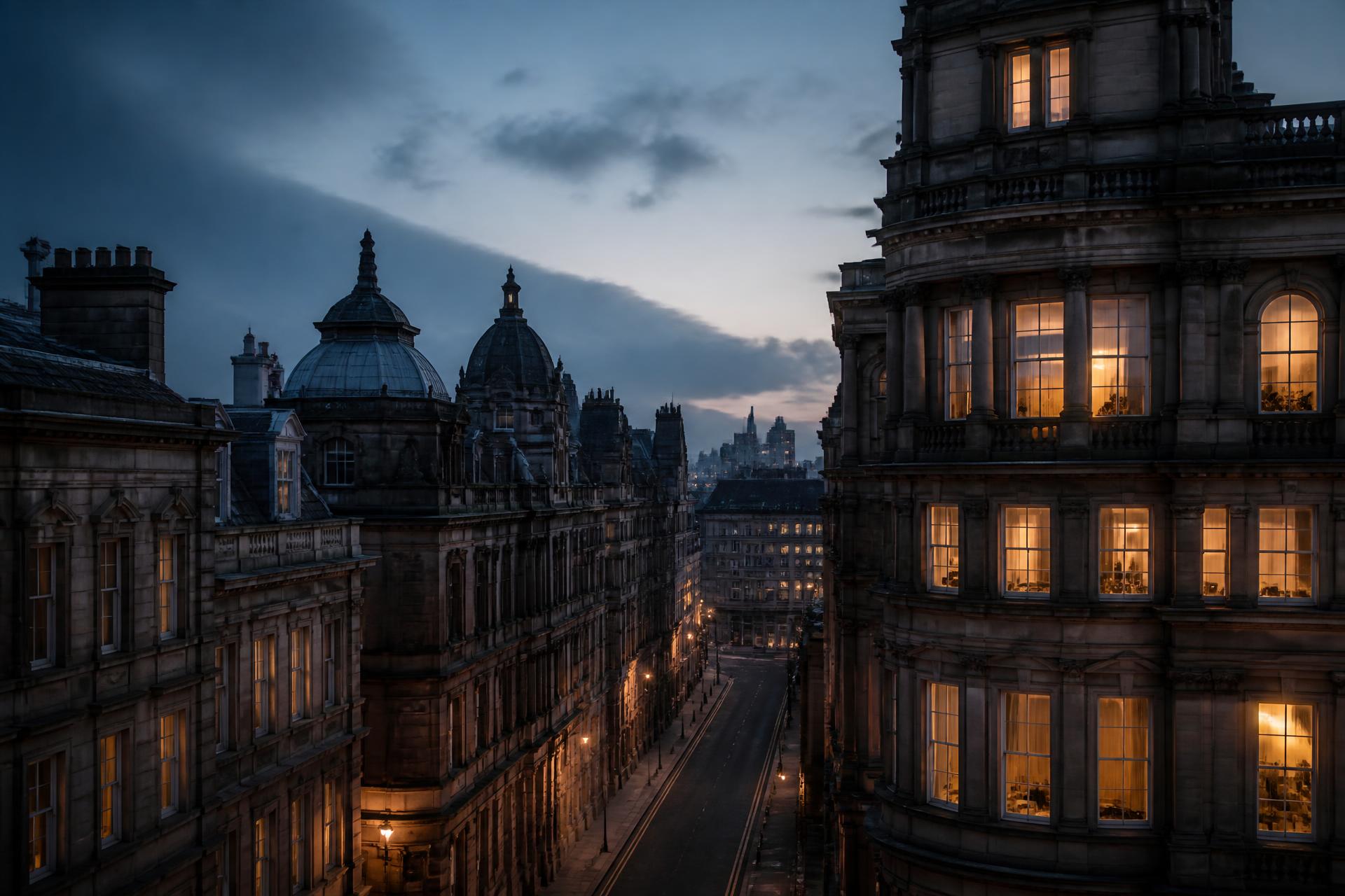 Victorian sandstone office buildings in Glasgow city centre at dusk